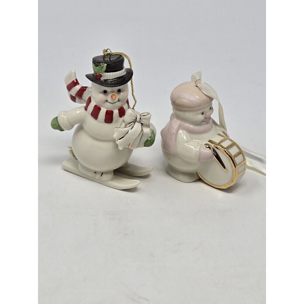 LENOX CHRISTMAS ORNAMENT BUNDLE 2 SNOWMAN DRUM & SKIS PORCELAIN FESTIVE WINTER